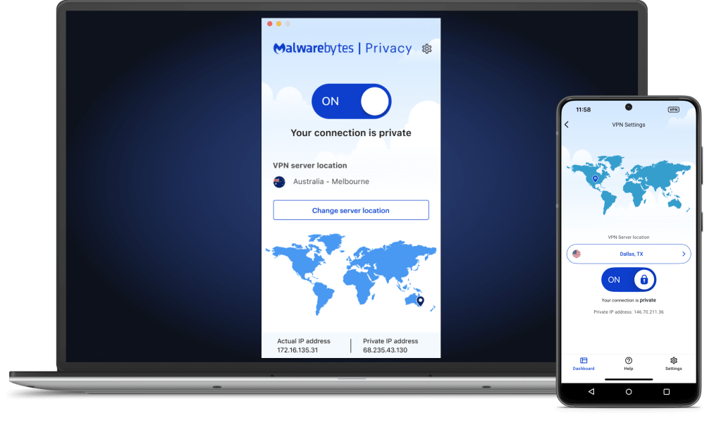 A laptop and mobile device both showing the main screen of the Malwarebytes VPN app